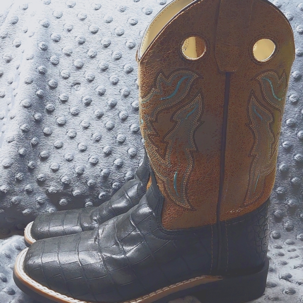 Old West Kid's Black Crocodile Print Children's Boots Size 2.0 D - Picture 4 of 12